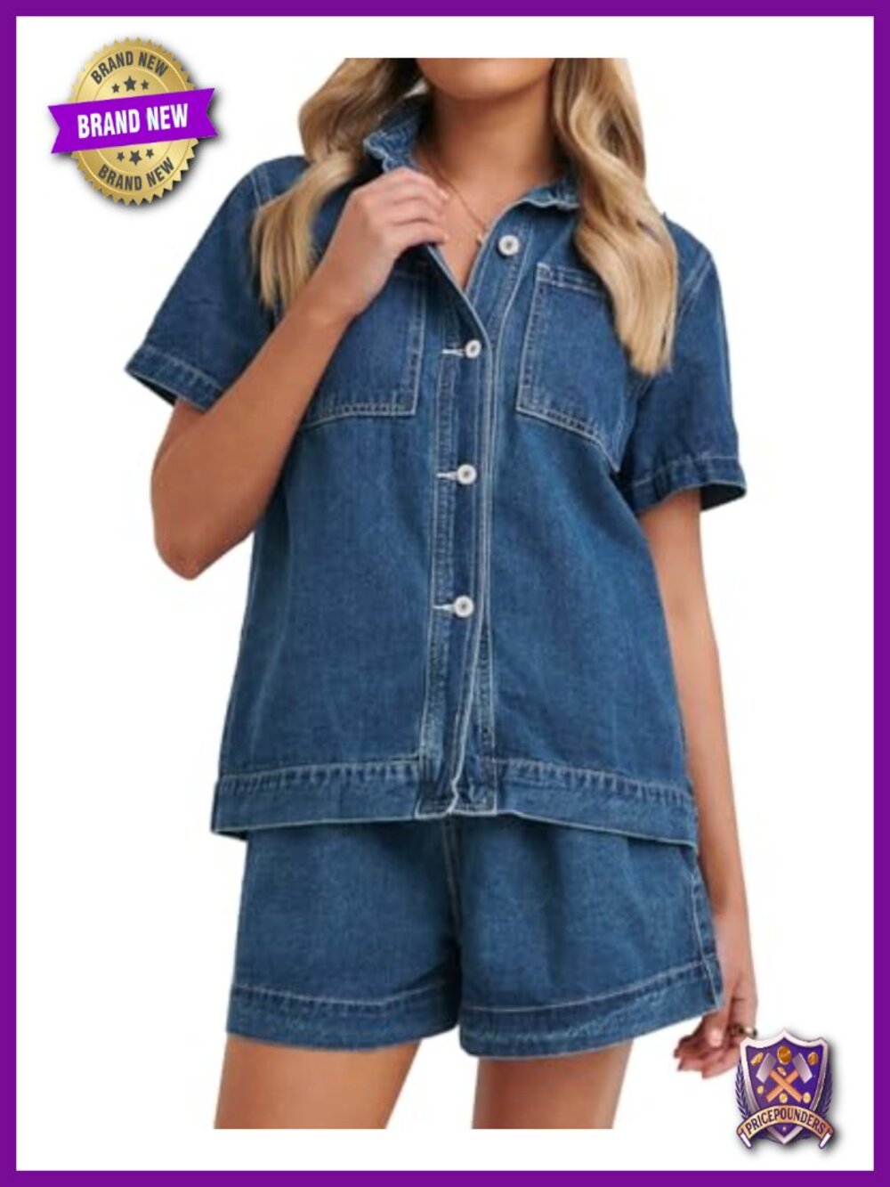 Women's Denim 2-Piece Set Button-Down Shirt & Shorts Lounge Casual